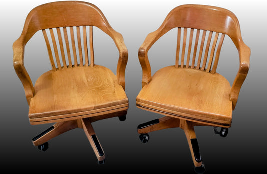 Antique B.L. Marble Quartersawn Oak Rolling Tilt Lawyers Banker Chair (Set of 2)