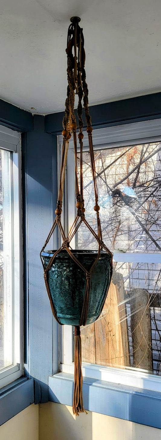 Macrame and Wood Accent Hanging Blue Glazed Pot