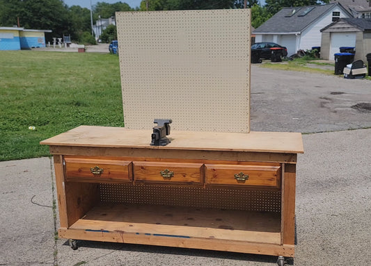 Handmade Wood 84" Rolling Workbench w/ Craftsman #5 Vice, 3 Drawers, & Pegboard