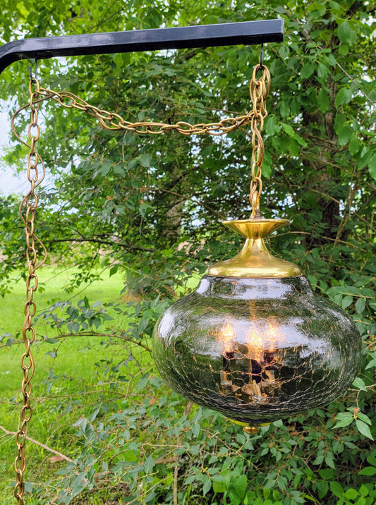 VINTAGE 1960's - 1970's Hollywood Regency Golden Swag Pendant Light w/ Grey Colored Crackled Onion-shaped Glass Globe