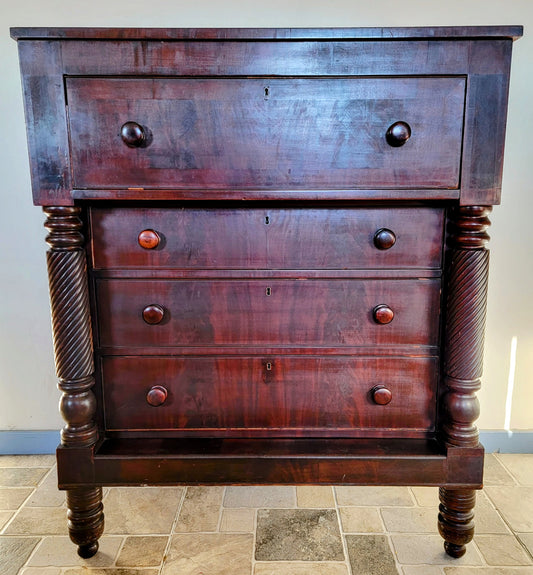 Antique c.1840 Victorian Flame Mahogany Empire Federal Chest of Drawers