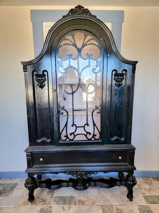 Antique Black Jacobean Mahogany China Apothecary Cabinet